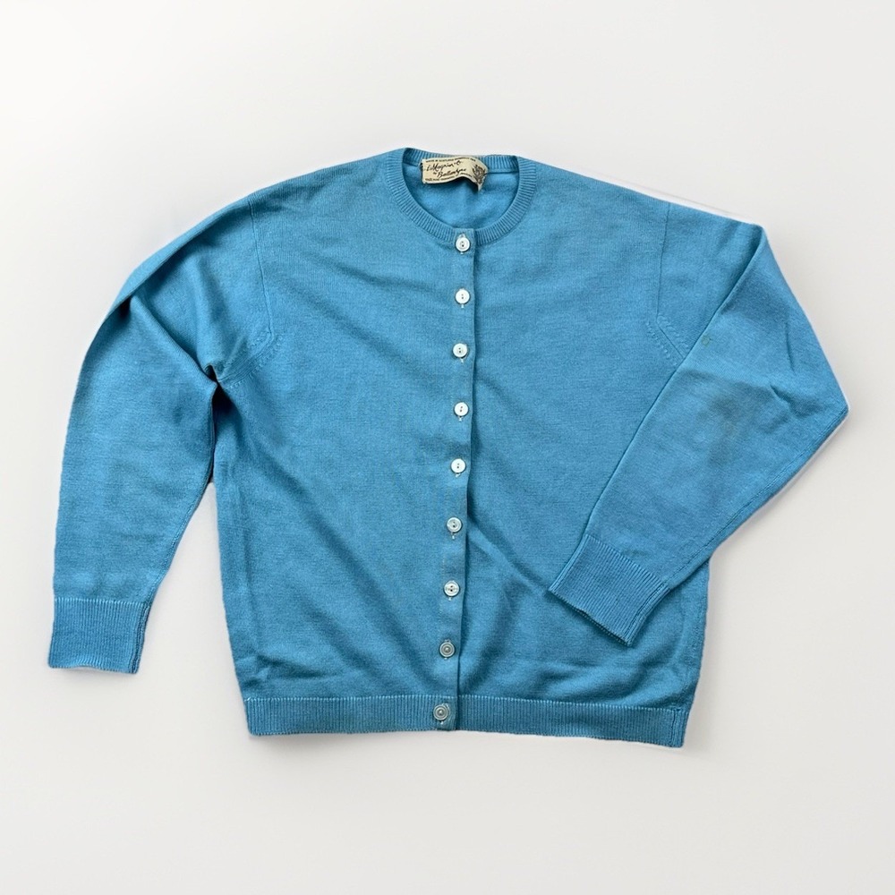 VTG 50s Ballantyne I Magnin 100% Cashmere Cardigan Sweater‎ Sz XS Blue Scotland